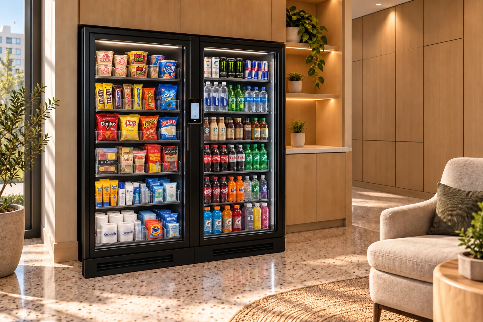 Illustrative luxury apartment resident lounge with oak cabinetry and an unbranded dual-compartment smart cooler stocked with drinks, packaged food, sealed detergent, wrapped toilet paper, sunscreen and toiletries