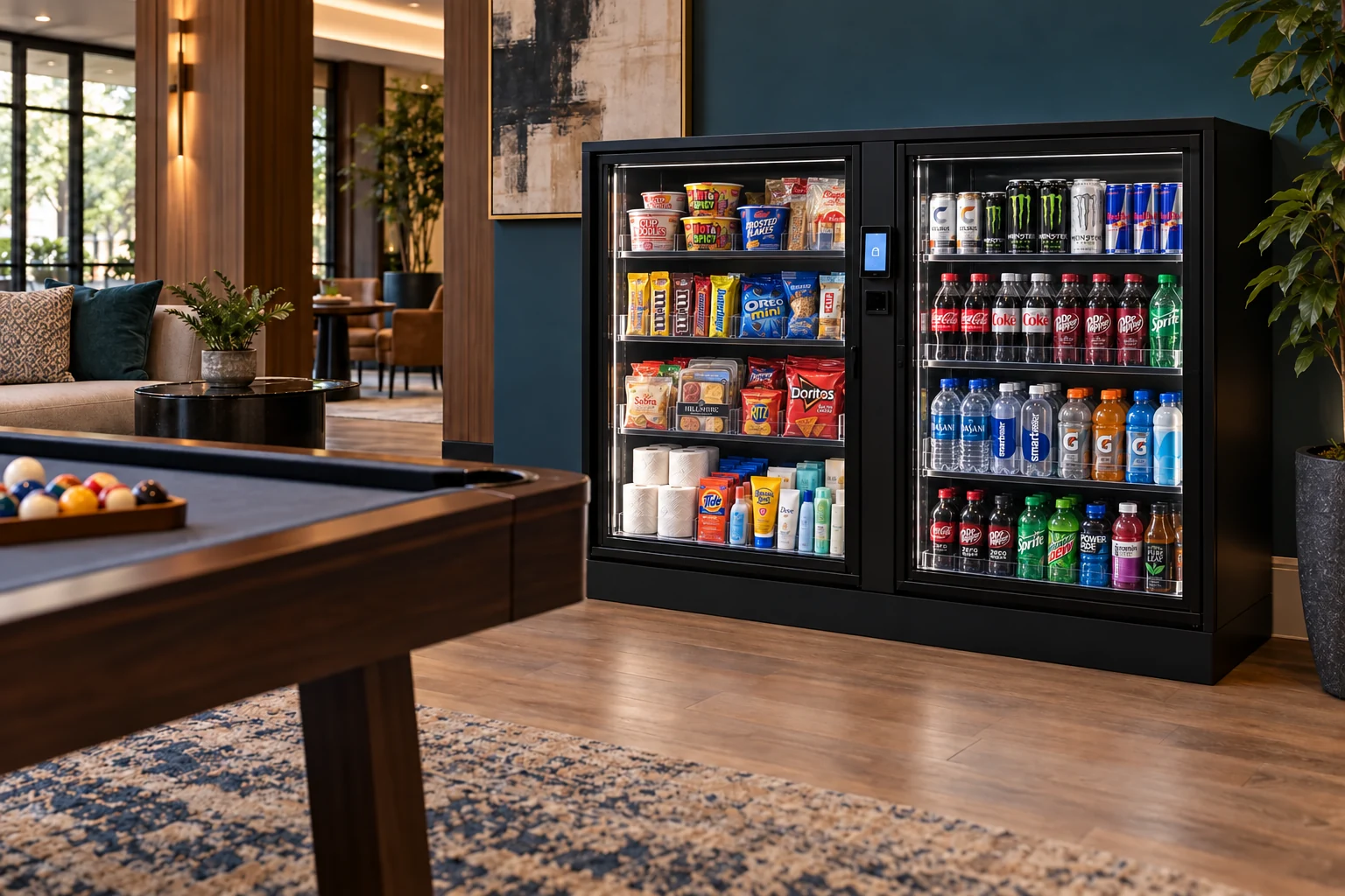 Illustrative community game room with an unbranded dual-compartment smart cooler stocked with drinks, snacks and sealed resident necessities