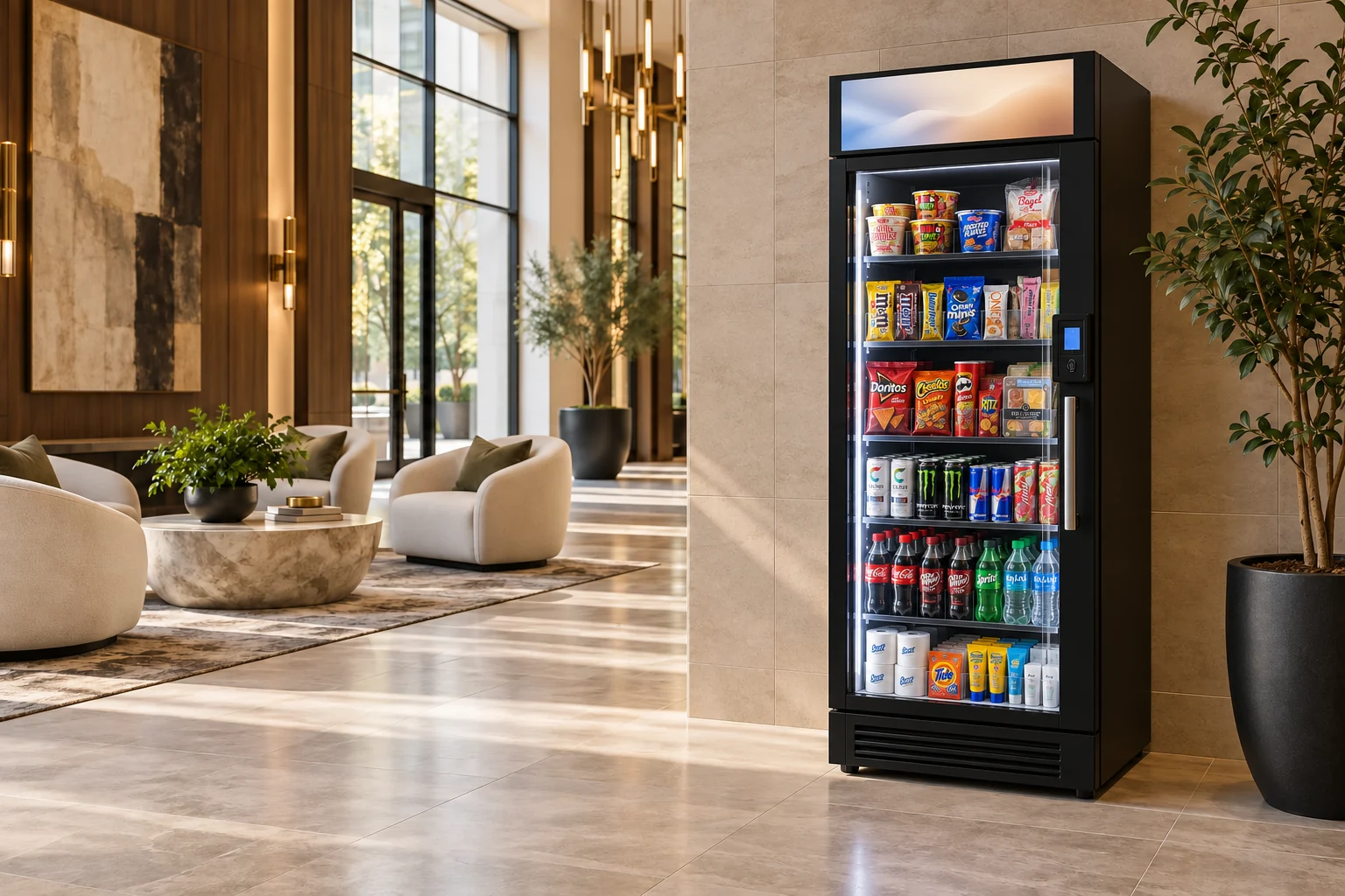 Illustrative luxury apartment lobby with an unbranded tall smart cooler stocked with drinks, packaged food, detergent, wrapped toilet paper and sunscreen