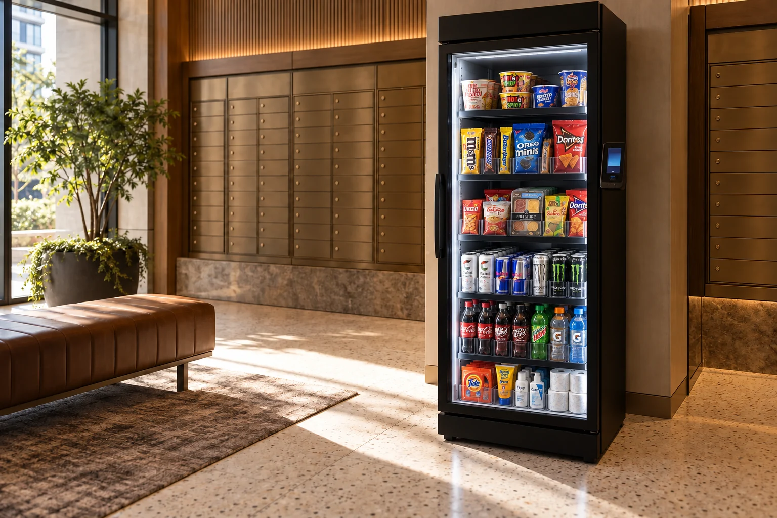 Illustrative upscale apartment mailroom with an unbranded smart cooler offering refreshments and compact household and personal-care essentials